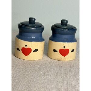 Pair Of Mini Canister Stoneware Jars With Lids Folk Art Red Hearts